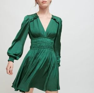 Maje Rianna Green Satin Dress with Ruffles